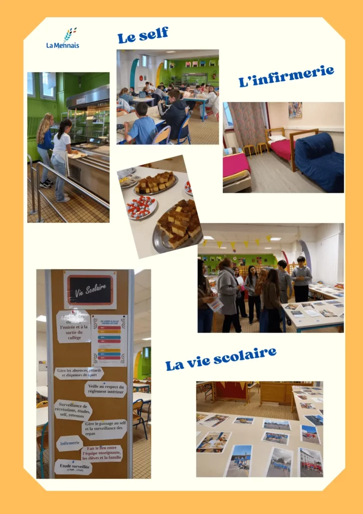 Montage de photos d'élèves en activités variée, comme au self ou la salle d'infirmerie.