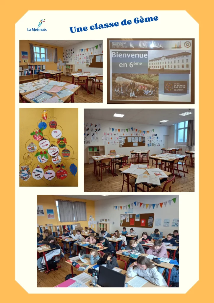 Montage de photos de vie d'une classe de 6ème : salle décorée, productions d'élèves et journal scolaire.
